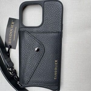 Bandolier Black Pebbled Leather Crossbody Phone Wallet with Gold Logo
